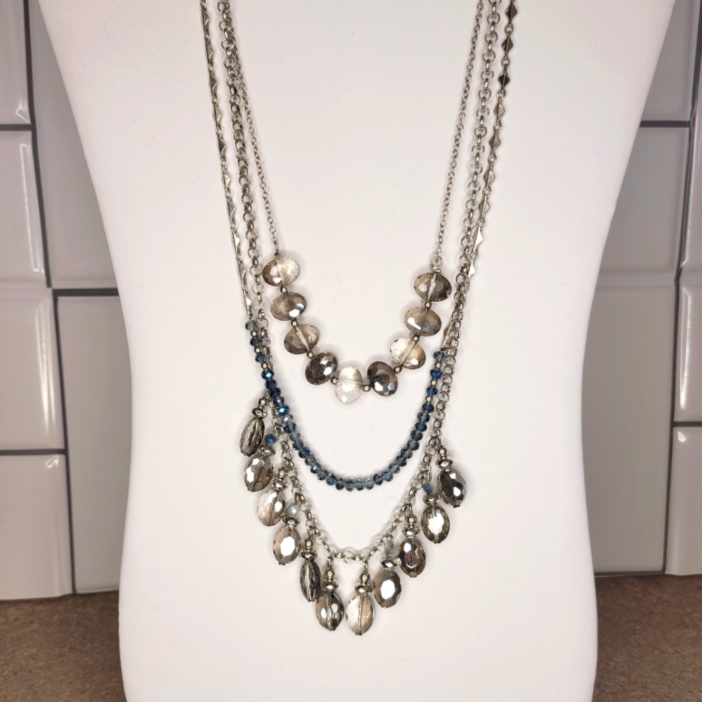Grey and Blue Crystal Triple Strand Silver Tone Necklace - Crystal Necklace -